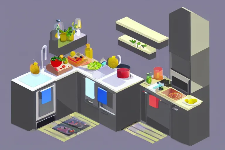 Image similar to cute kitchen, refrigerator, sink, isometric art, bright, artstation, highly detailed