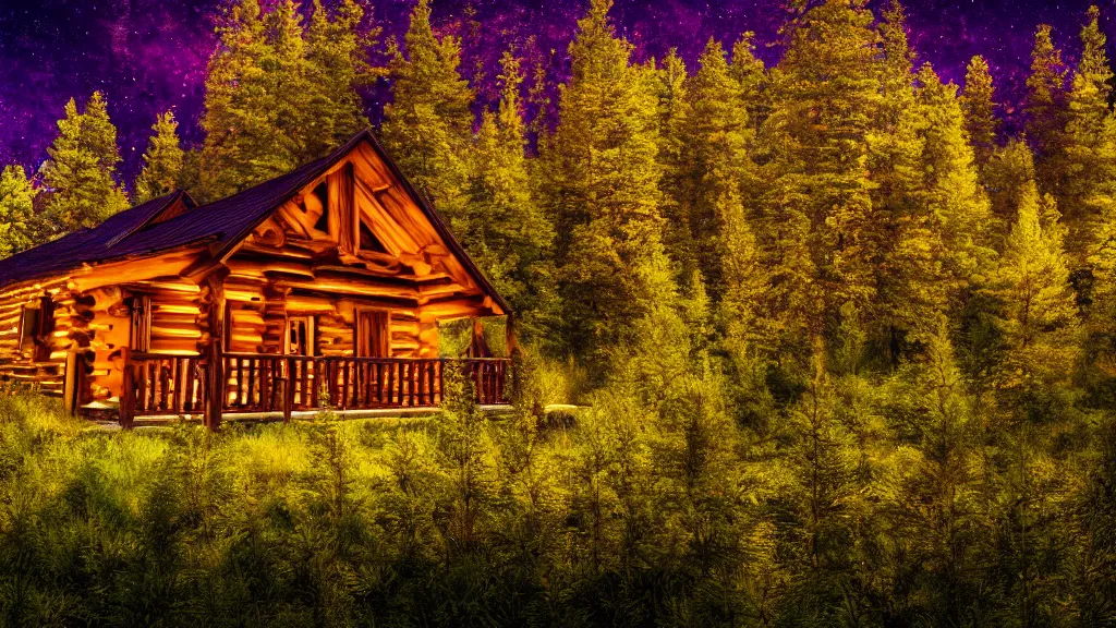 Image similar to portrait of an ethereal log cabin made of golden purple and green light, evergreen forest, divine, cyberspace, mysterious, high-contrast, 4k, award-winning photograph