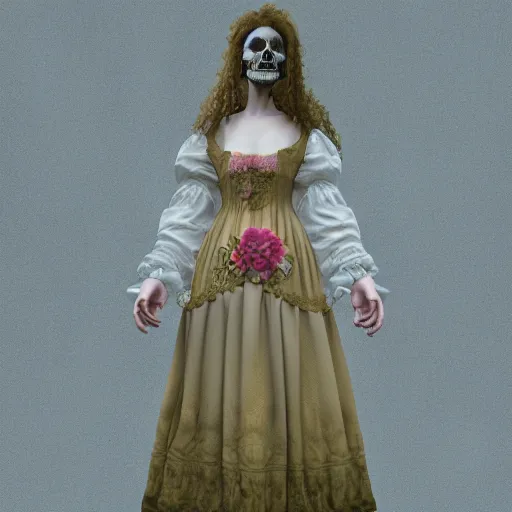 Image similar to 8 k, octane render, realism, tonalism, renaissance, rococo, baroque, cotton candy, portrait of a creepy young lady wearing long 1 9 7 0 s babydoll dress with flowers and skulls