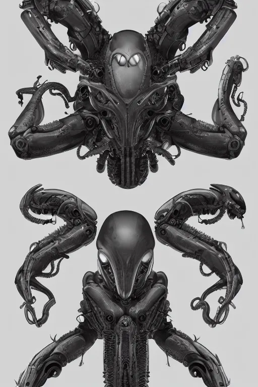 Image similar to very symmetrical!! cyborg space octopus with gunmetal grey skin, muscular system diagram, cyberpunk face, highly detailed, japanese, mecha asthetic, mechanical implants, three - view reference sheet ( front / back / side ), in the style of dan ouellette, dren from splice, hr giger, sil from species, artstation, unreal engine