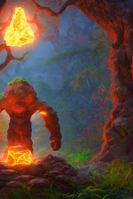 Image similar to arcane fantasy art giant golem elemental wood rock bastion forged gemstone enchanted forest troll, global illumination ray tracing hdr fanart arstation by sung choi and eric pfeiffer and gabriel garza and casper konefal lisa frank zbrush central hardmesh radiating a glowing aura