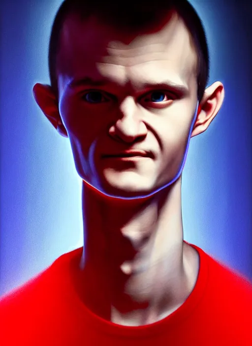 Prompt: vitalik buterin in the style of gottfried helnwein, chiaroscuro intricate composition, blue light by caravaggio, insanely quality, highly detailed, masterpiece, red light, artstation