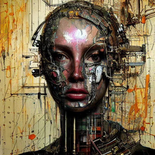 Image similar to human 3 d by pantokrator, beautiful woman head made of mech mask rendered in unreal engine, cyberpunk, rave, scifi, painted by david burliuk | bernard buffet | carne griffiths | stanislaw lem