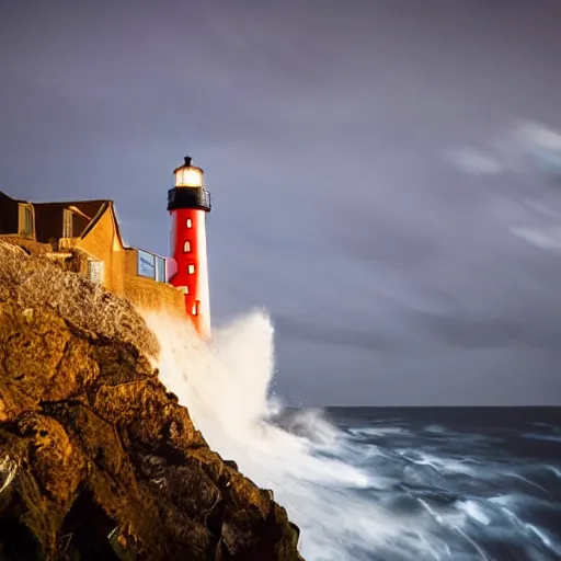 Prompt: close up of light house on cliffs at night with rough seas and high waves, stormy unreal 5