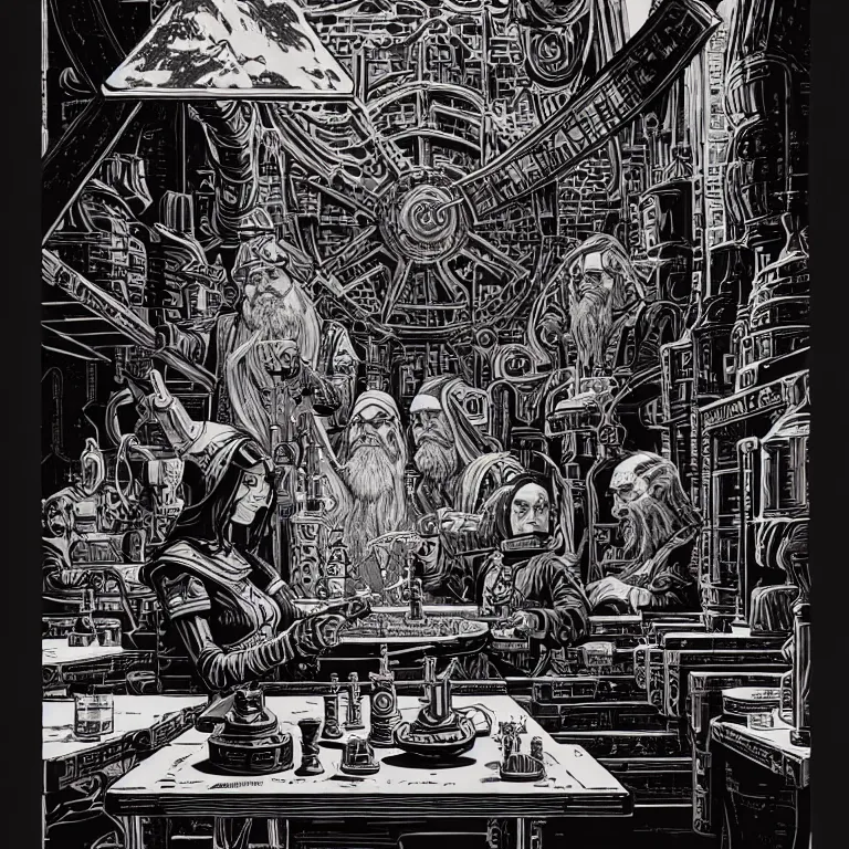 Image similar to ancient alchemist wizards laboratory, high details, lineart, by vincent di fate, inking, 3 color screen print, masterpiece, trending on artstation, etching, sharp, high contrast, hyper - detailed, hd, 4 k, 8 k