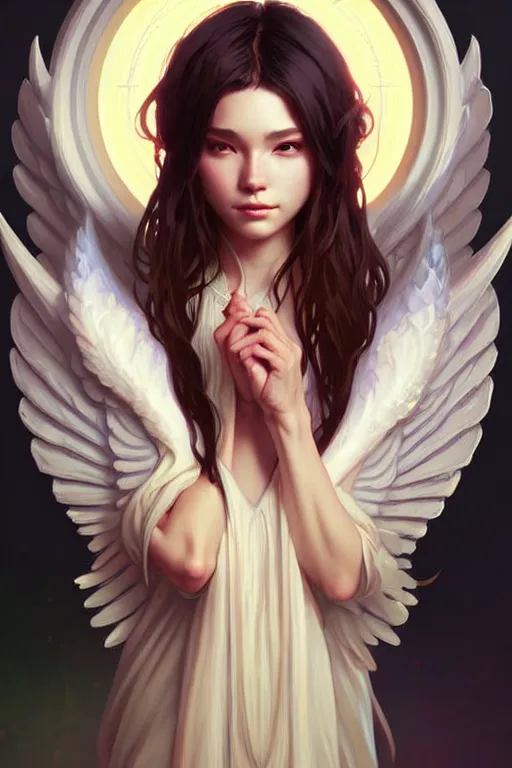 Image similar to beautiful casual angel warlock portrait, highly detailed, digital painting, artstation, sharp focus, illustration, art by tan zi and ayanamikodon and alphonse mucha and wlop