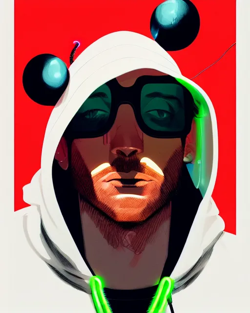 Image similar to pop art mixed with neo - noir artsyle, hyper - realistic detailed portrait of a man in a hoodie, with neon visor, by atey ghailan, by greg rutkowski, by greg tocchini, by james gilleard, by joe fenton, by kaethe butcher, sharp focus