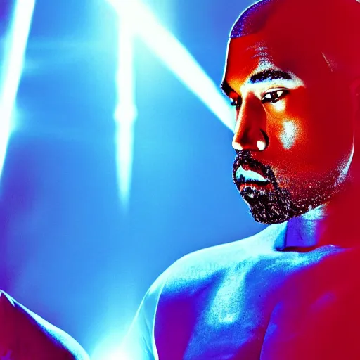 Image similar to Portrait of Kanye West as a cyborg, splash art, cinematic lighting, dramatic, octane render, long lens, shallow depth of field, bokeh, anamorphic lens flare, 8k, hyper detailed, 35mm film grain