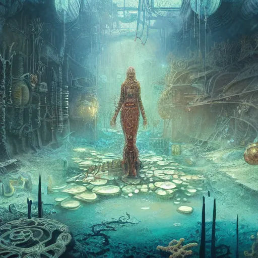 Prompt: Oil painting of underwater city, creepy fish, coral on walls, D&D, Magic The Gathering, by Craig Mullins, intricate details, light rays from the surface, Nekro, Victo Ngai, centered, symmetrical, volumetric lighting