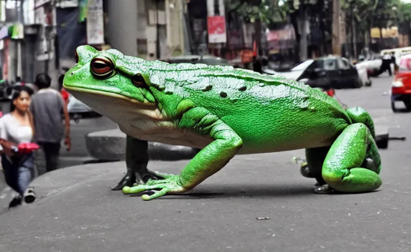 Image similar to a giant frog in the streets of mexico city, cctv footage