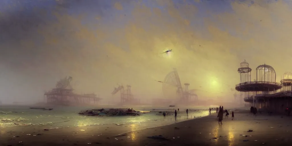 Image similar to concept art of a polluted beachfront with a broken pier and abandoned amusement park attractions, grimy, gritty, trending on artstation, award winning painting, cgi, art by ivan aivazovsky and john howe and filip hodas and zhang kechun