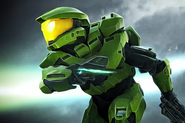 Image similar to halo master chief with a new neon rgb suit, photorealistic, 8 k, cinematic