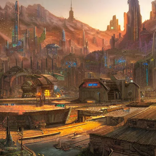 Prompt: a medieval village next to a cyberpunk spaceport spaceship dock. used future aesthetic. digital matte painting by james gurney and david mattingly.