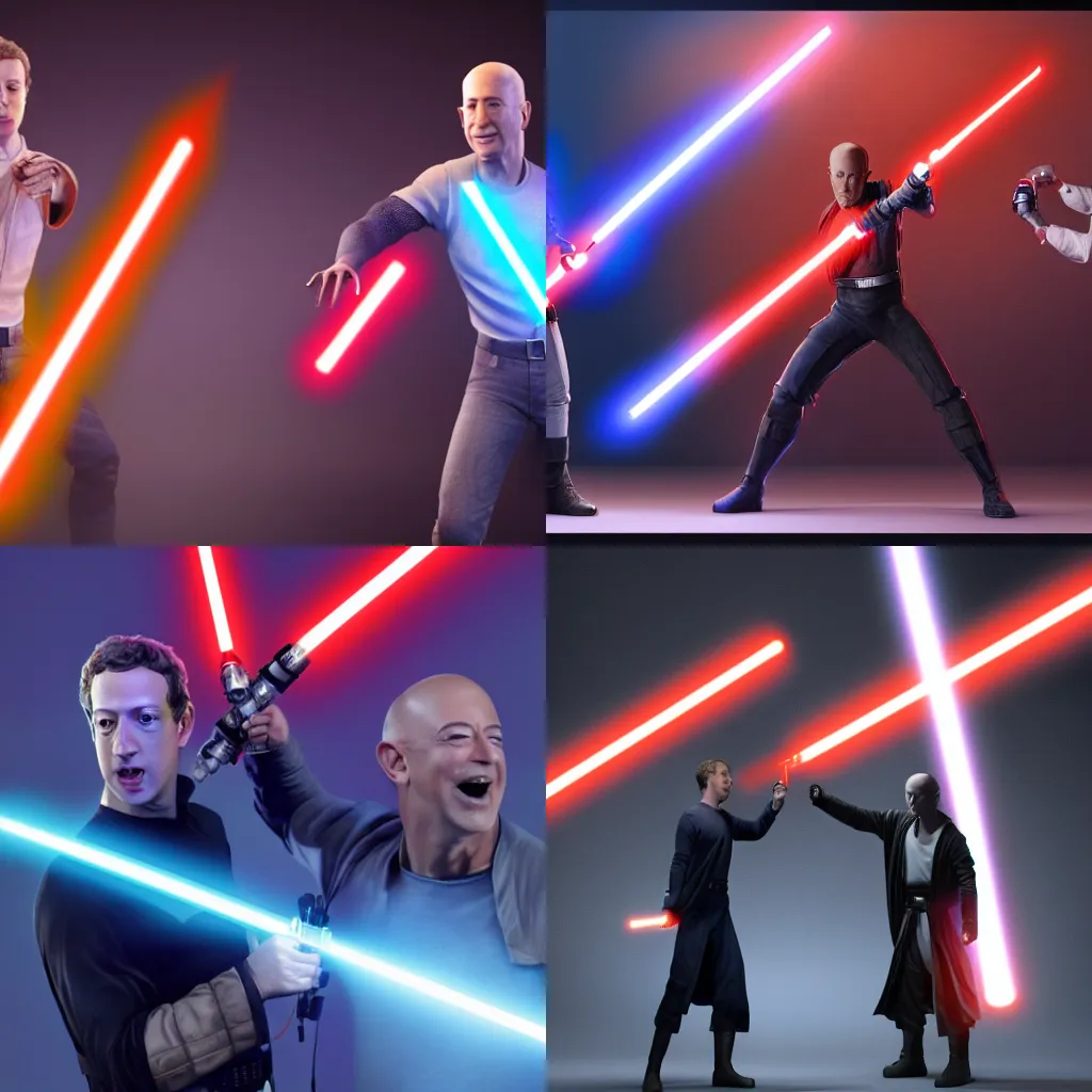 Prompt: mark zuckerberg and jeff bezos having a lightsaber fight | cinematic lighting | high resolution | sith vs jedi | trending on artstation | climax battle