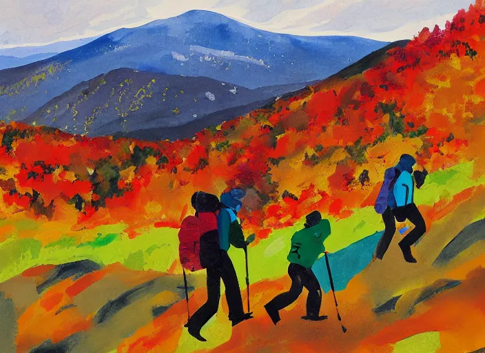 Prompt: portrait of friends hiking franconia ridge new hampshire in autumn, artwork by etel adnan