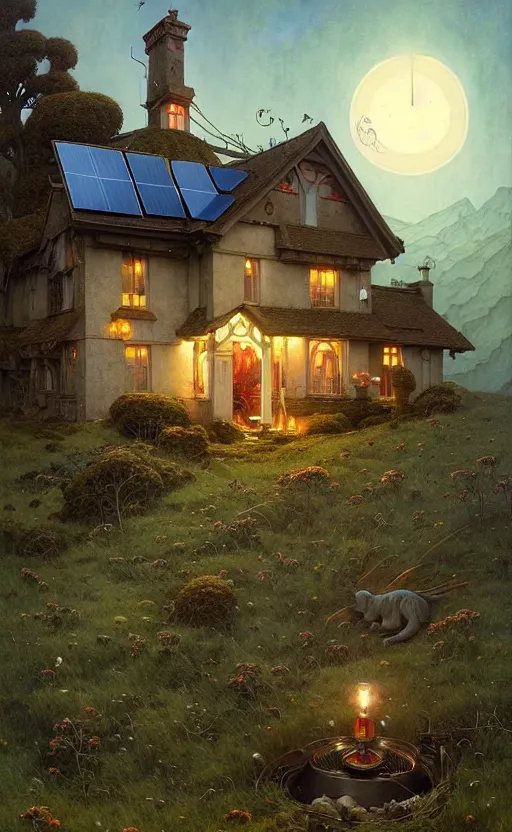 Image similar to a hyper realistic witchy cottage with solar panels on a tall hill, mountains, atmospheric lighting, lush foliage, painting by chiara bautista and tom bagshaw, mucha, beksinski and norman rockwell and greg rutkowski weta studio, and lucasfilm