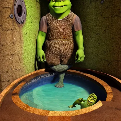 Prompt: shrek in a liminal space pool