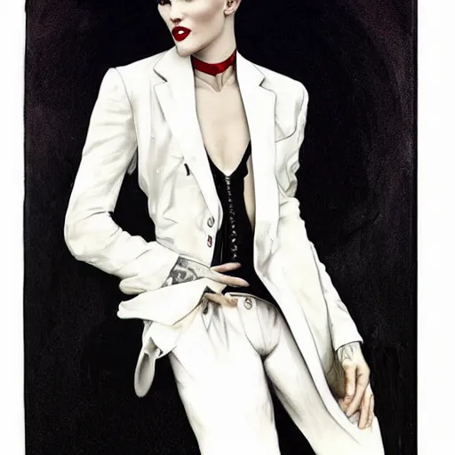 Image similar to stunning portrait of androgynous ruby rose as desire from sandman in a white tuxedo!!!, rockabilly style, dave mckean, by alphonse mucha, by jeremy mann, by peter lindbergh, by frank moth, white suit and black tie, soft lightning, high detailed, 8 k