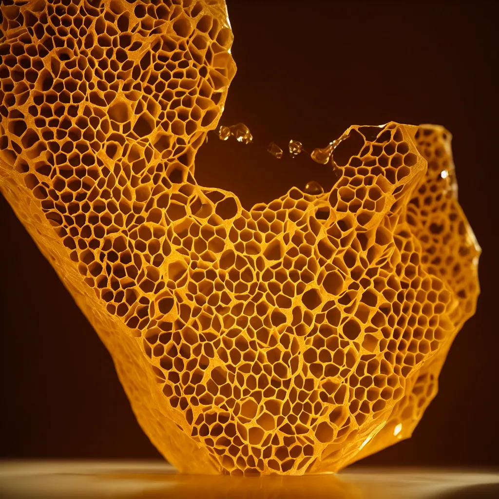 Image similar to real honeycomb elegant traditional vase with dripping honey by tomas gabzdil libertiny, product design, film still from the movie directed by denis villeneuve with art direction by zdzisław beksinski, shallow depth of field