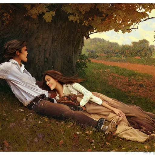 Prompt: long shot of young man and woman with long brown hair, laying under a tree looking at clouds autumn, ( ( ( wearing jeans ) ) ), by stanley artgerm lau, greg rutkowski, thomas kindkade, alphonse mucha, loish, norman rockwell