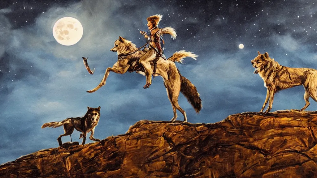 Image similar to epic oil painting of a close up of a highly detailed David Bowie riding a (wolf) at night, on top of a large cliff, with the full moon in the background, highly detailed