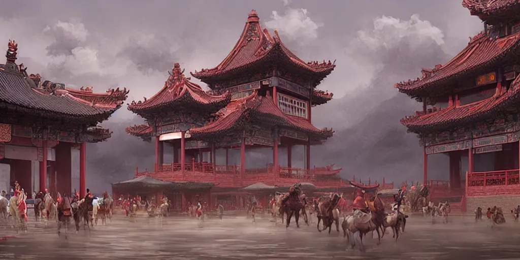Image similar to a beautiful chinese temple, people riding horse, a fantasy digital painting by greg rutkowski