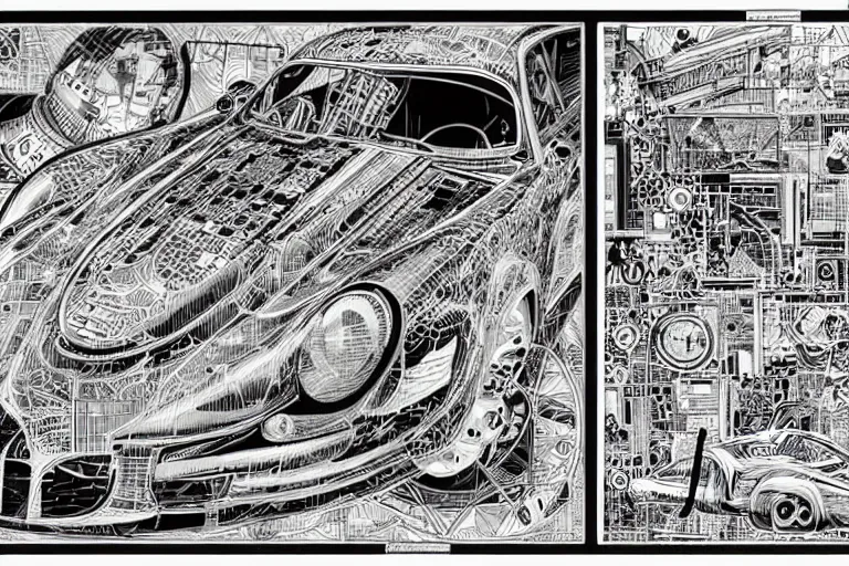 Image similar to a black and white drawing of a porsche 9 5 9 deconstructed schematic, a detailed mixed media collage by hiroki tsukuda and eduardo paolozzi and moebius, intricate linework, sketchbook psychedelic doodle comic drawing, geometric, street art, polycount, deconstructivism, matte drawing, academic art, constructivism