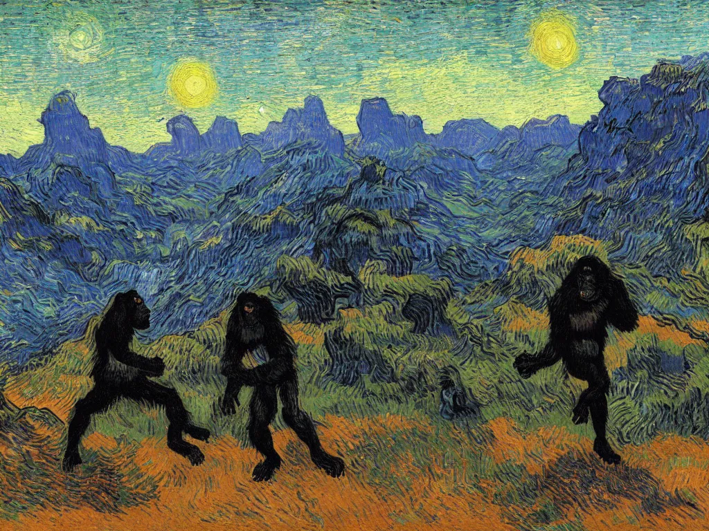 Prompt: bright beautiful oil painting of a primitive ape tdancing in a valley with giant black monoliths at sunrise, light scatter, van gogh