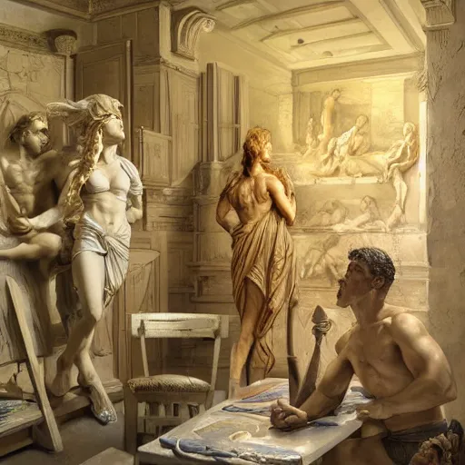 Prompt: inside of a greek sculpture atelier, digital painting, artstation, concept art, donato giancola, Joseph Christian Leyendecker, WLOP, Boris Vallejo, Breathtaking, 8k resolution, extremely detailed, beautiful, establishing shot, artistic, hyperrealistic, octane render, cinematic lighting, dramatic lighting, masterpiece, light brazen, extremely detailed and beautiful face