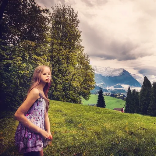 Image similar to a beautiful photograph of a girl with switzerland landscape in the background with trees, hdr, 8 k, high quality, sharp focus, artstation, highly detailed, award - winning, dramatic lighting, beautiful clouds, and nature