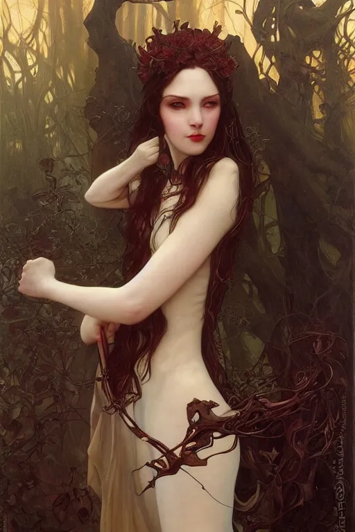 Image similar to masterpiece painting of beautiful vampire girl by donato giancola, darius zawadzki and tom bagshaw, face by artgerm and edmund leighton, alphonse mucha, background by james jean and h. r. giger, 8 k, biomechanical horror, majestic, volumetric lighting, porcelain skin, french nouveau, trending on pixiv