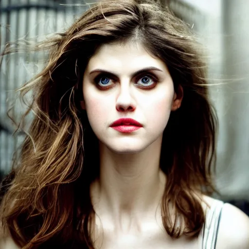 Image similar to closeup portrait of alexandra daddario in a smoky new york back street, photograph, natural light, magazine, press, photo, Steve McCurry, David Lazar