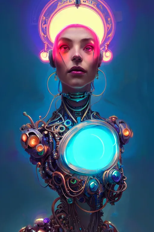 Prompt: portrait, biomechanical bioluminescent queen, cyberpunk, bionics, augments, cables, elegant gleaming intricate baroque jewellery, colorful, vivid, imposing, epic, digital painting, artstation, concept art, by peter mohrbacher and wlop and rhads