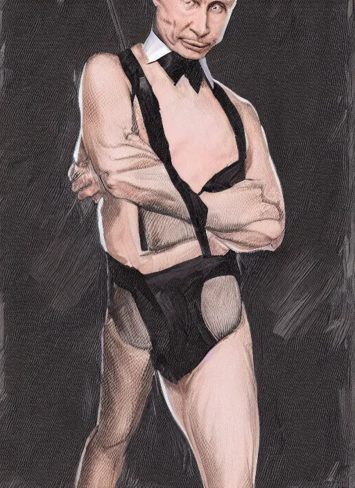 Prompt: vladimir putin, wearing in stocking, mesh shirt, in a strip club, dancing on a pole, elegant, digital painting, concept art, smooth, sharp focus, finely detailed illustration, beautifully framed