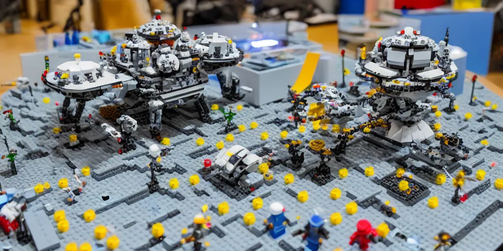 Prompt: wide shot lens photo of a very intricately detailed lego moonbase kit diorama designed by a master builder, with an epically shaped alien lego mothership ufo, lego rover, a moon buggy