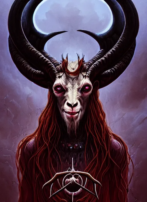 Image similar to elden ring themed undead baphomet goat icon tarot card portrait, malevolent gaze, doom aesthetic, religious, sinister, ornate, intricate, beautifully backlit, subtle tones, digital painting, concept art, smooth, sharp focus, illustration, art by josan gonzalez, greg rutkowski, killian eng and zdizslaw beksinski