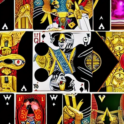 Prompt: a set of illuminati playing cards in the style of Salvador Dali, hyper-realistic, highly detailed, depth of field, High definition, 8k, octane render, artstation