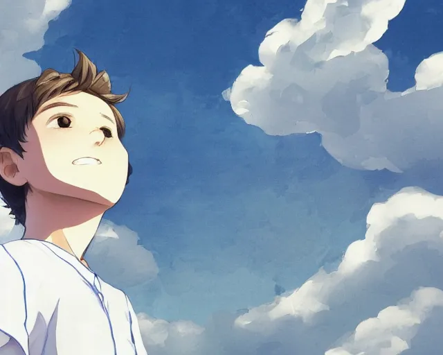 Image similar to boy looking at blue sky, wearing white shirt, facing away, low angle, sharp details, sharp focus, highly detailed, illustration, by pine ( ハイネ ) and 薯 子 imoko and 香 川 悠 作 and wlop and maya takamura, beautiful, trending artstation, pixiv, digital art