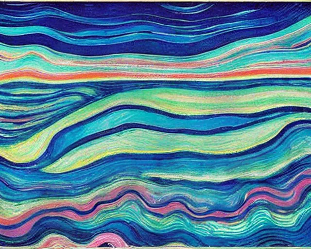 Image similar to Ocean waves in a psychedelic dream world. DMT. Curving rivers. Landscape painting by Edvard Munch. David Hockney. Takashi Murakami. Minimalist.