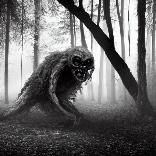 Image similar to disturbing creature with ghoulish face and long appendages, in a forest, black and white, realistic, with creepy fog