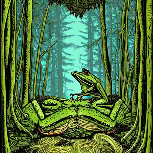 Image similar to A frog inside a forest by Dan Mumford