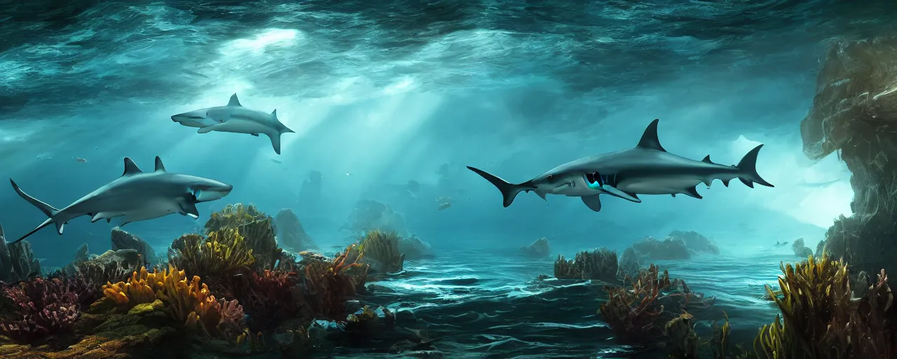 Prompt: a shark underwater and fish swimming around, underwater light beams ,beautiful dynamic lighting, cinematic, wide angle establishing shot, extremely high detail, photo realistic, cinematic lighting, post processed, concept art, artstation, matte painting, style by frederic church, raphael lacoste, unreal engine 8k
