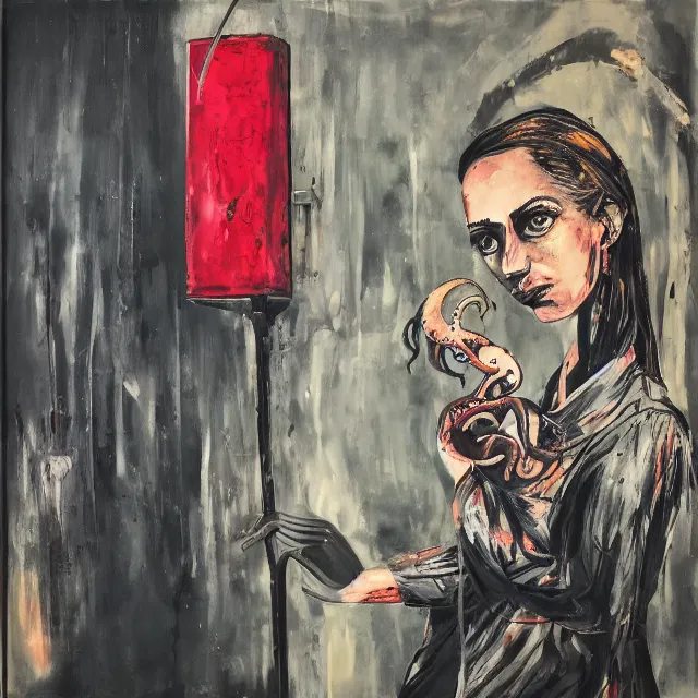 Image similar to a portrait in a dark apartment, rats, a widow holding an octopus, streetlamps, puddles, wild berries, ikebana, neo - expressionism, surrealism, acrylic and spray paint and oilstick on canvas