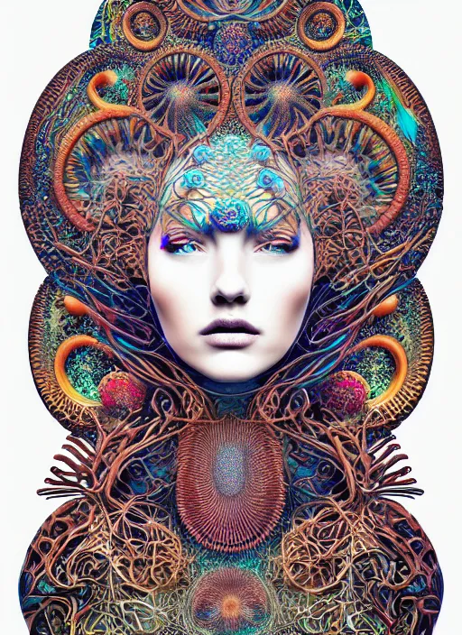 Prompt: ridiculously beautiful young womans face, radiating psychedelics, portals into dimensions, coral, birds, symmetrical, in the style of ernst haeckel, effervescent, sacred geometry, intricate linework, surrealism, photo realistic, epic and cinematic