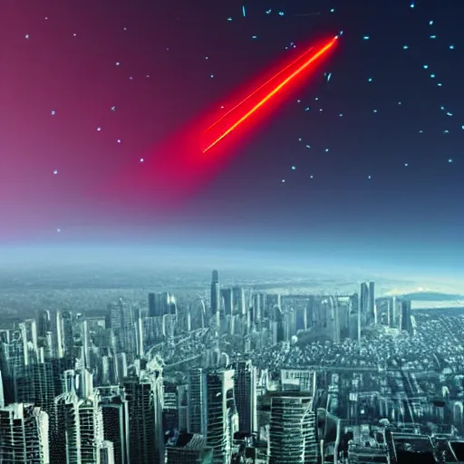 Image similar to ufo throwing laser beams over a city, destroying buildings, people scared and scaping, the sky is red