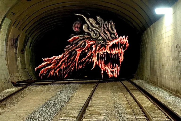 Image similar to very large giant mutant zombie irradiated ( angry rat ) staying on railways in tonnel of moscow subway. tonnel, railways, giant angry rat, furr, fangs, very realistic. extreme long shot, rusty colors, anish kapoor, ( herman nitsch, giger ).