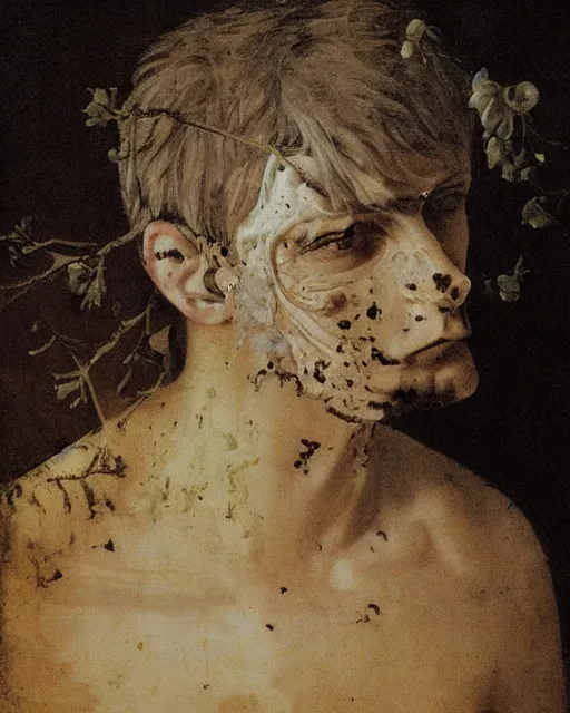 Image similar to a beautiful and eerie baroque painting of a beautiful but serious man, with haunted eyes and freckles, 1 9 7 0 s, seventies, peeling wallpaper, wilted flowers, morning light showing injuries, delicate ex embellishments, painterly, offset printing technique