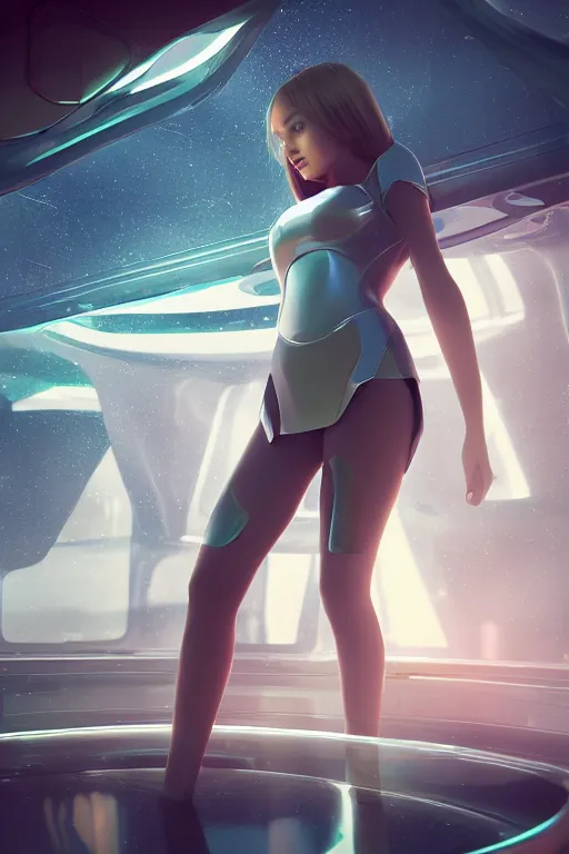 Image similar to girl in a spaceship, detailed miniskirt, beautiful model girl, cimematic shot, futuristic spaceship window, by artgerm, by wlop, octane render, vector art, 4 k
