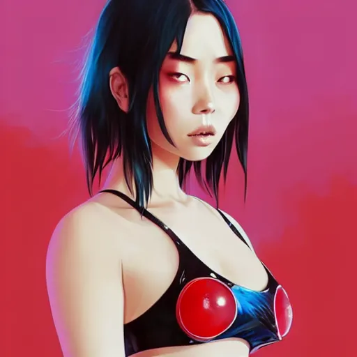 Image similar to a beautiful young japanese billie eilish lucy liu alluring instagram model in elaborate latex bikini tank top, tank top made from latex demon faces, by guweiz and wlop and ilya kuvshinov and artgerm and, aesthetic, gorgeous, stunning, alluring, attractive, artstation, deviantart, pinterest, digital art