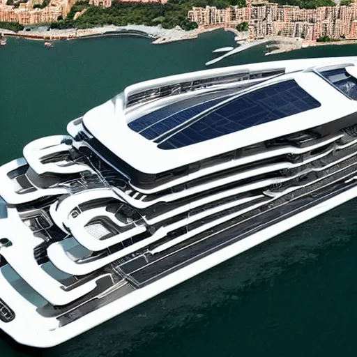 Image similar to aerial view of the new residential Mega Yacht ‘Somnio’ the largest yacht in the world , full view of the boat, this 728 feet boat mansion have 39 apartments across 32 floors. luxury, very design, gofl course and swimming, luxury equipment